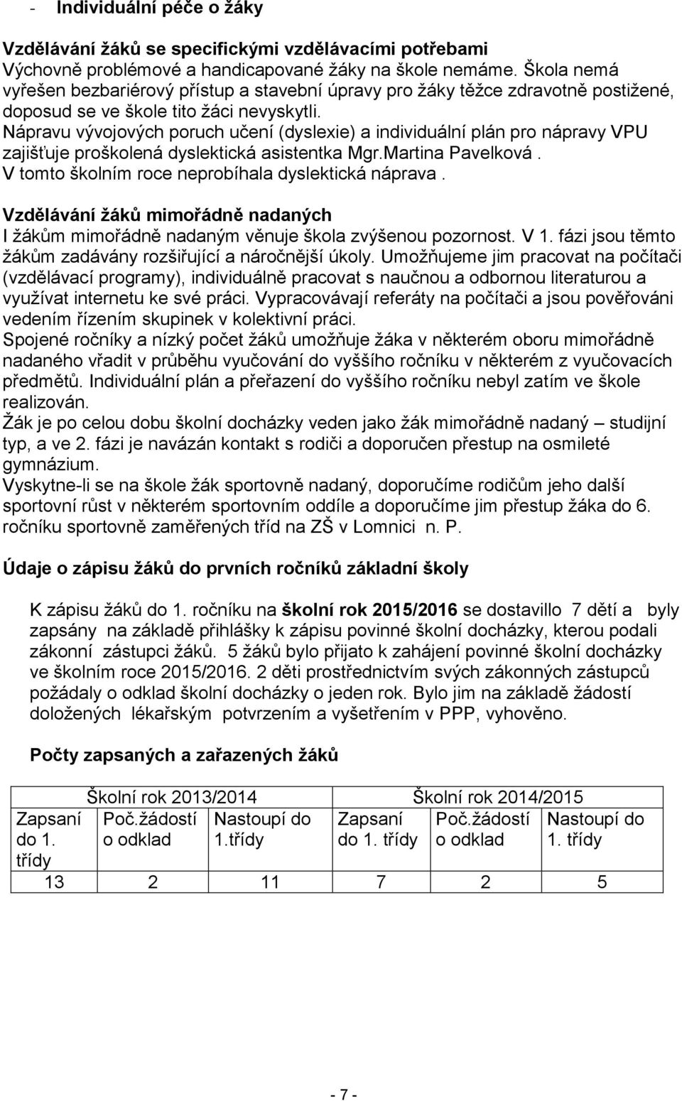 Nápravu vývojových poruch učení (dyslexie) a individuální plán pro nápravy VPU zajišťuje proškolená dyslektická asistentka Mgr.Martina Pavelková. V tomto školním roce neprobíhala dyslektická náprava.