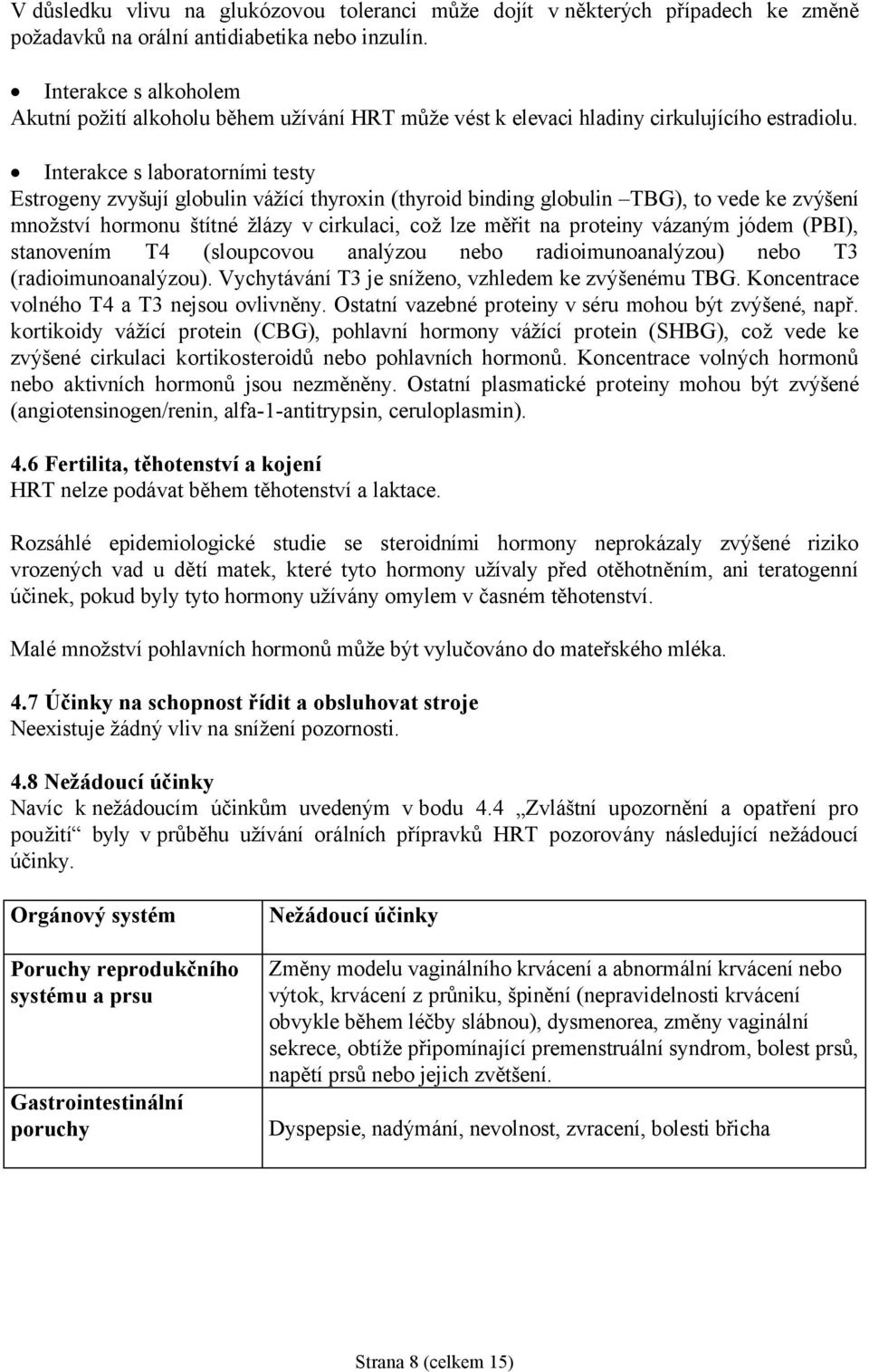 Interakce s laboratorními testy Estrogeny zvyšují globulin vážící thyroxin (thyroid binding globulin TBG), to vede ke zvýšení množství hormonu štítné žlázy v cirkulaci, což lze měřit na proteiny