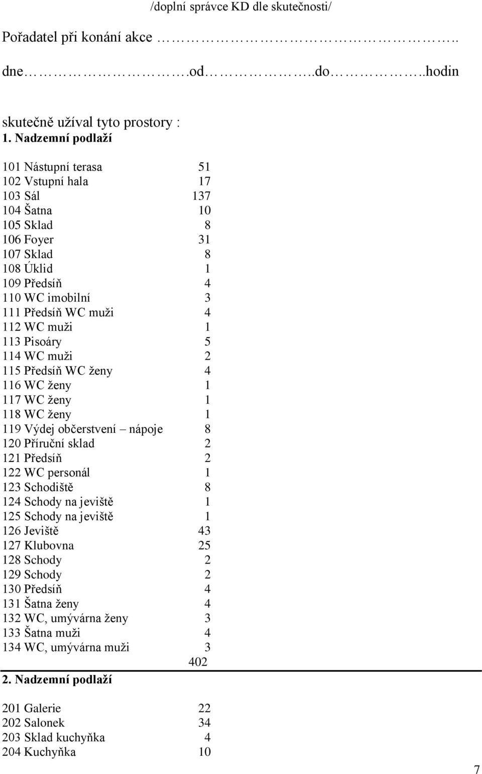 1 113 Pisoáry 5 114 WC muži 2 115 Předsíň WC ženy 4 116 WC ženy 1 117 WC ženy 1 118 WC ženy 1 119 Výdej občerstvení nápoje 8 120 Příruční sklad 2 121 Předsíň 2 122 WC personál 1 123 Schodiště 8 124