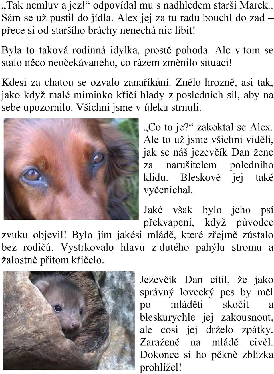 Znělo hrozně, asi tak, jako když malé miminko křičí hlady z posledních sil, aby na sebe upozornilo. Všichni jsme v úleku strnuli. Co to je? zakoktal se Alex.