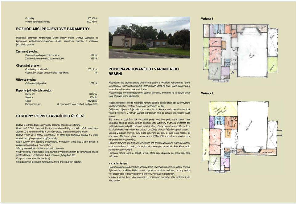 Zastavená plocha: Zastavěná plocha původního objektu: 59 m Zastavěná plocha objektu po rekonstrukci: 93 m Obestavěný prostor: Obestavěný prostor sálu: 3051,4 m 3 Obestavěný prostor ostatních ploch