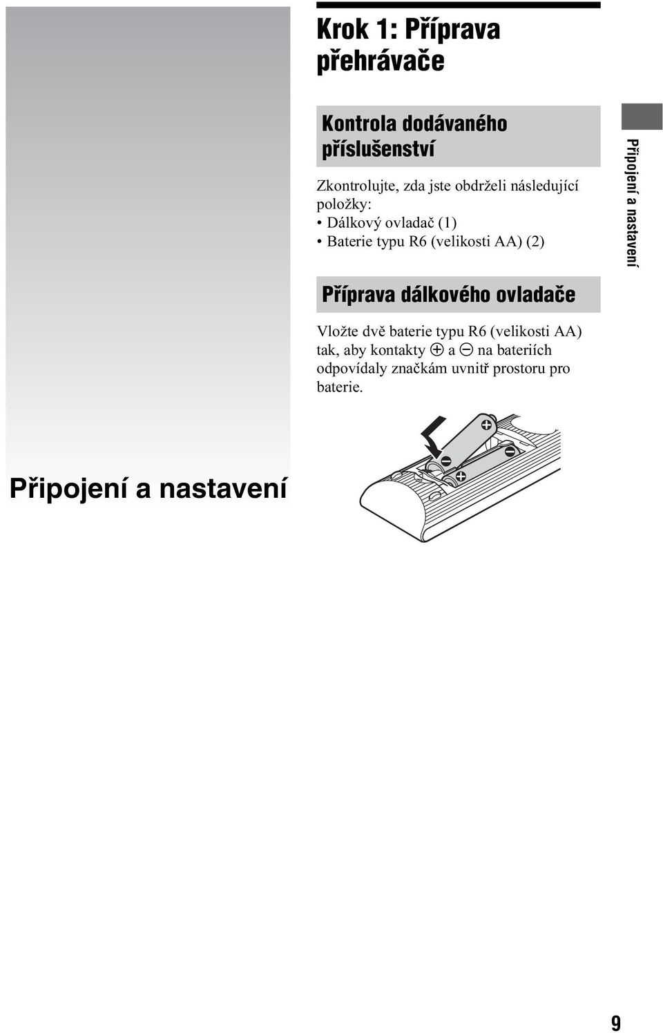 Připojení a nastavení Příprava dálkového ovladače Vložte dvě baterie typu R6 (velikosti AA)