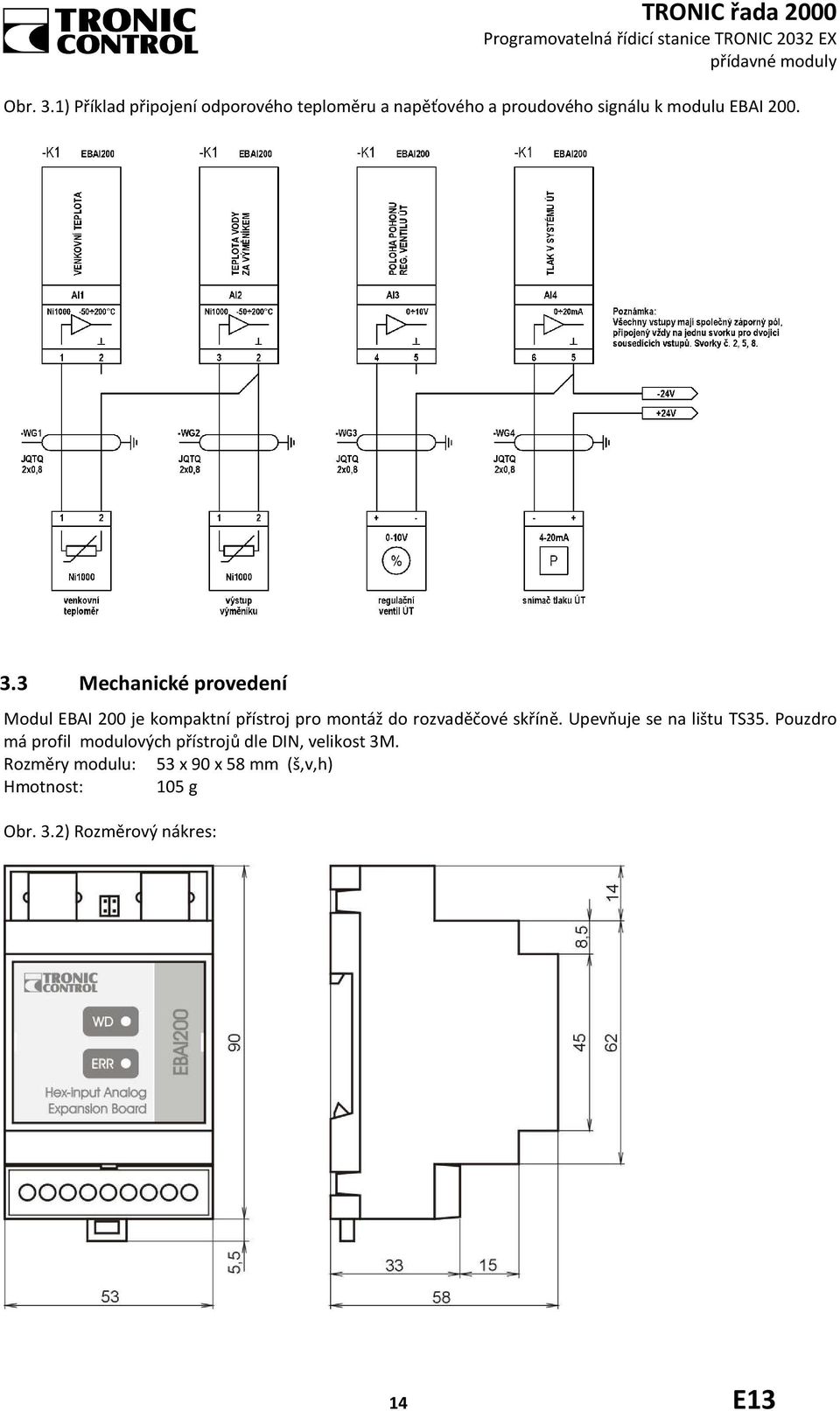 3.3 Mechanické provedení Modul EBAI 200 je kompaktní přístroj pro montáž do rozvaděčové