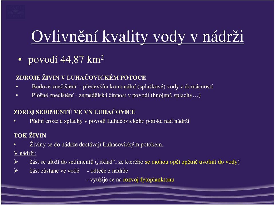 splachy v povodí Luhačovického potoka nad nádrží TOK ŽIVIN Živiny se do nádrže dostávají Luhačovickým potokem.