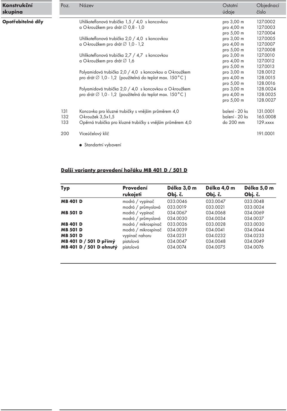 0008 Uhlíkoteflonová trubička 2,7 / 4,7 s koncovkou pro 3,00 m 127.0010 a O-kroužkem pro drát 1,6 pro 4,00 m 127.0012 pro 5,00 m 127.