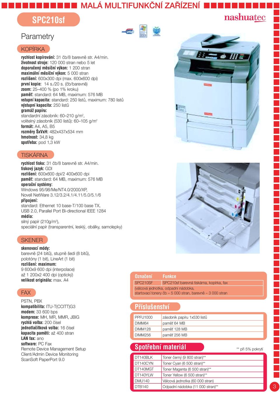 (ãb/barevnû) zoom: 25 400 % (po 1% kroku) pamûè: standard: 64 MB, maximum: 576 MB standard: 250 listû, maximum: 780 listû v stupní kapacita: 250 listû standardní zásobník: 60 210 g/m 2, voliteln