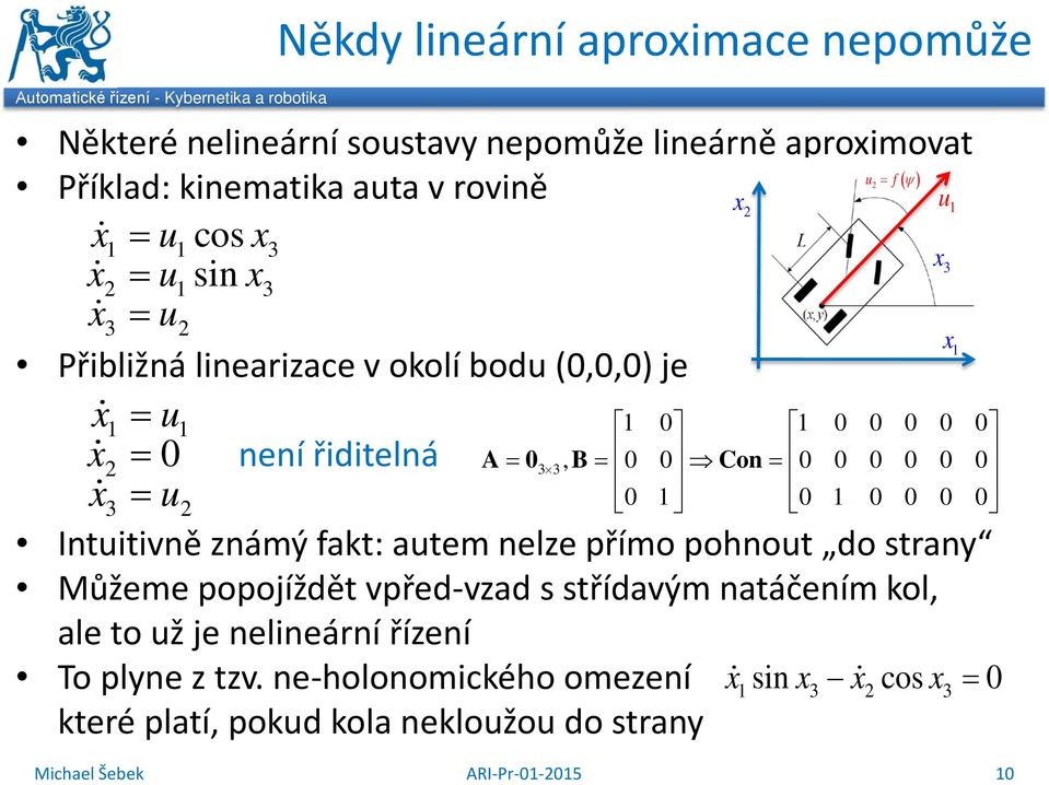 0 0 0 0 0 0 Con = 3 = u 0 0 0 0 0 0 Intuitivně známý fakt: autem nelze římo ohnout do strany Můžeme oojíždět vřed-vzad s střídavým natáčením kol, ale