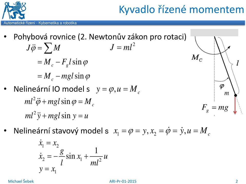 = sin + u l ml y = g = M mgl sinϕ Nelineární IO model s y = ϕ u = M ml ϕ+ mgl sinϕ