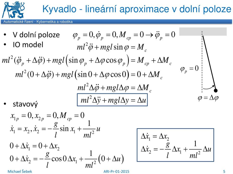 ml (0 + ϕ) + mgl ( sin 0 + ϕ os 0) = 0 + M ml ϕ+ mgl ϕ = M stavový ml y + mgl y = u ϕ = ϕ = 0, = 0, M