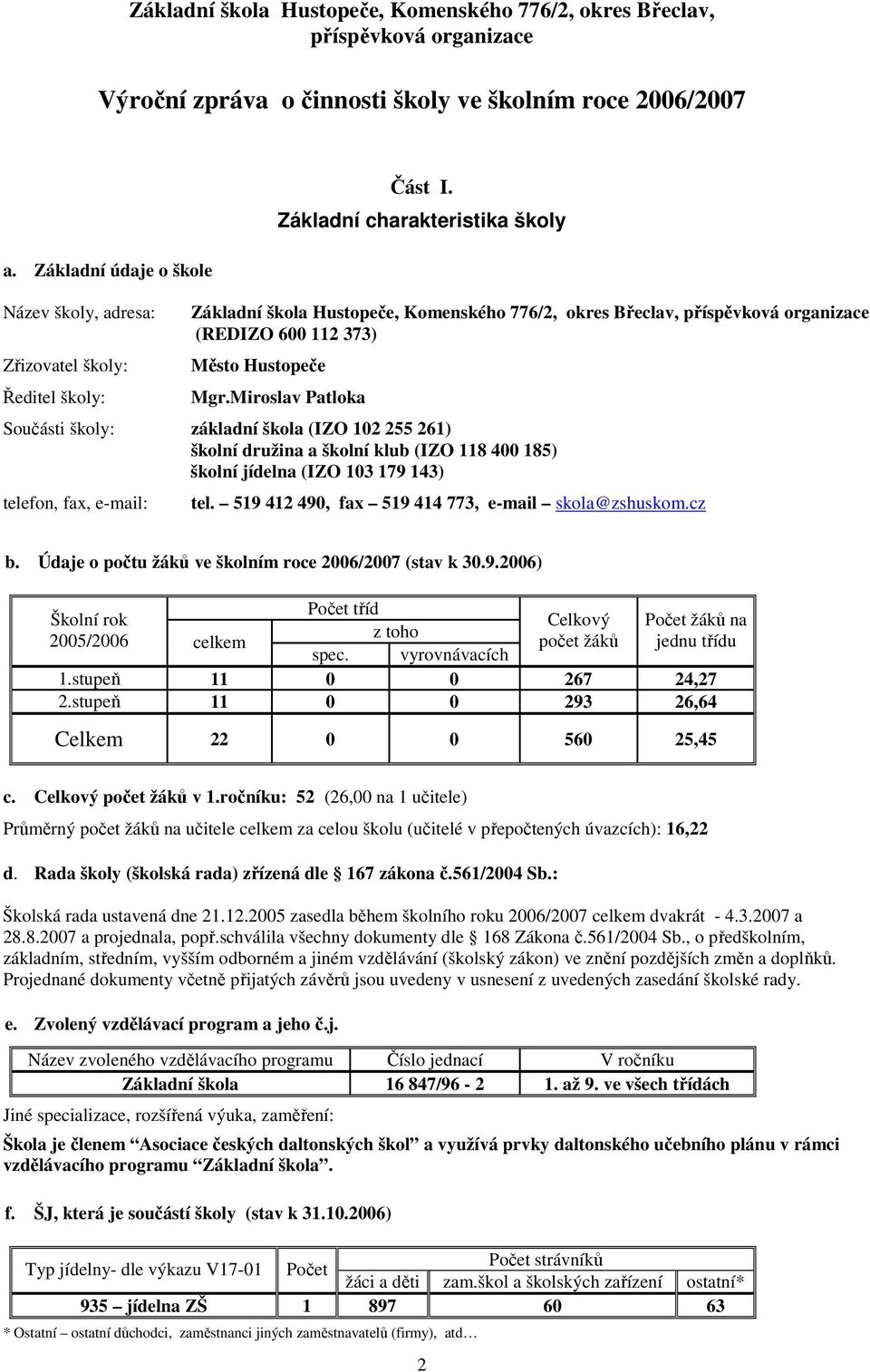 Základní charakteristika školy Základní škola Hustopeče, Komenského 776/2, okres Břeclav, příspěvková organizace (REDIZO 600 112 373) Město Hustopeče Mgr.