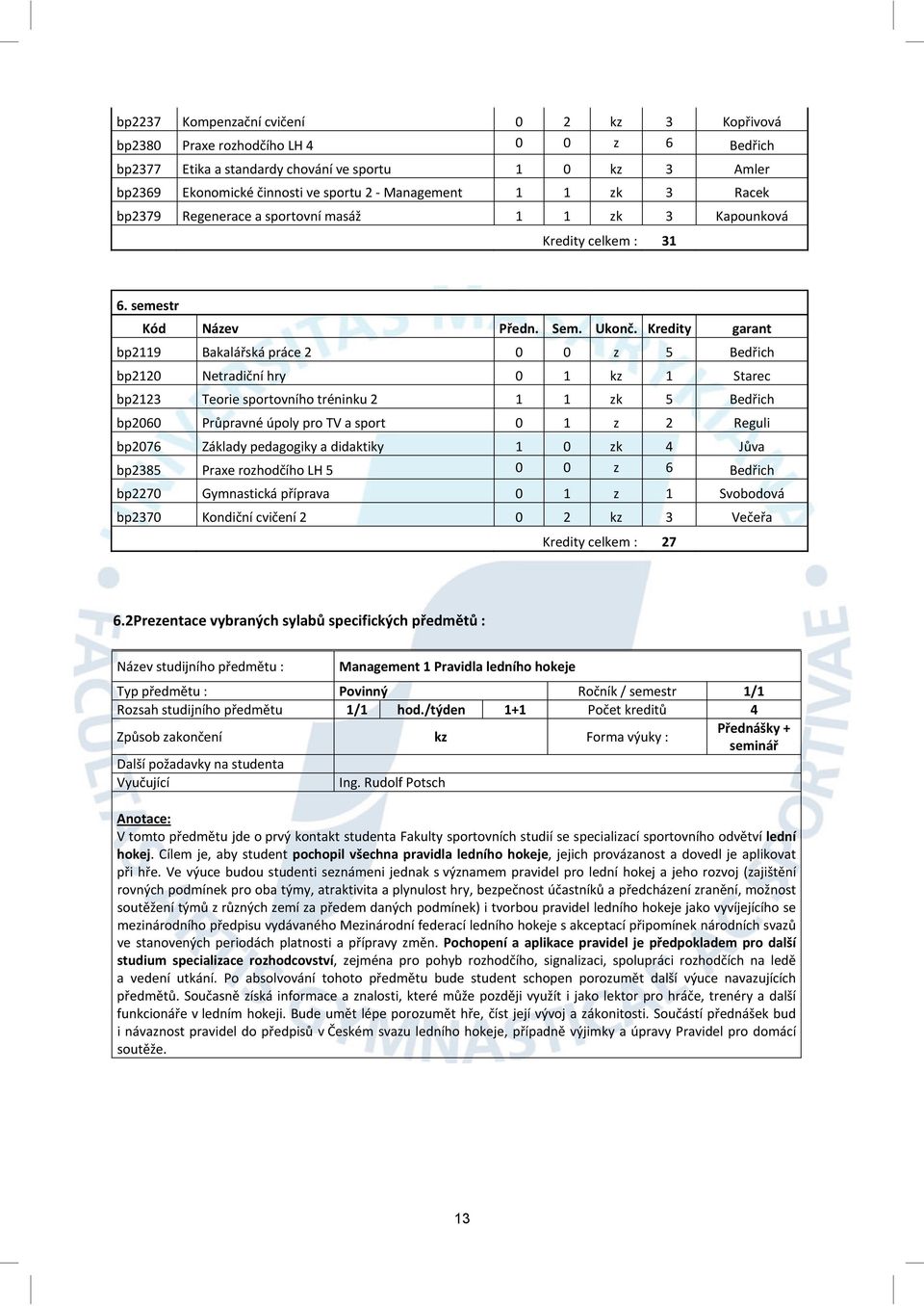 Kredity garant bp2119 Bakalářská práce 2 0 0 z 5 Bedřich bp2120 Netradiční hry 0 1 kz 1 Starec bp2123 Teorie sportovního tréninku 2 1 1 zk 5 Bedřich bp2060 Průpravné úpoly pro TV a sport 0 1 z 2