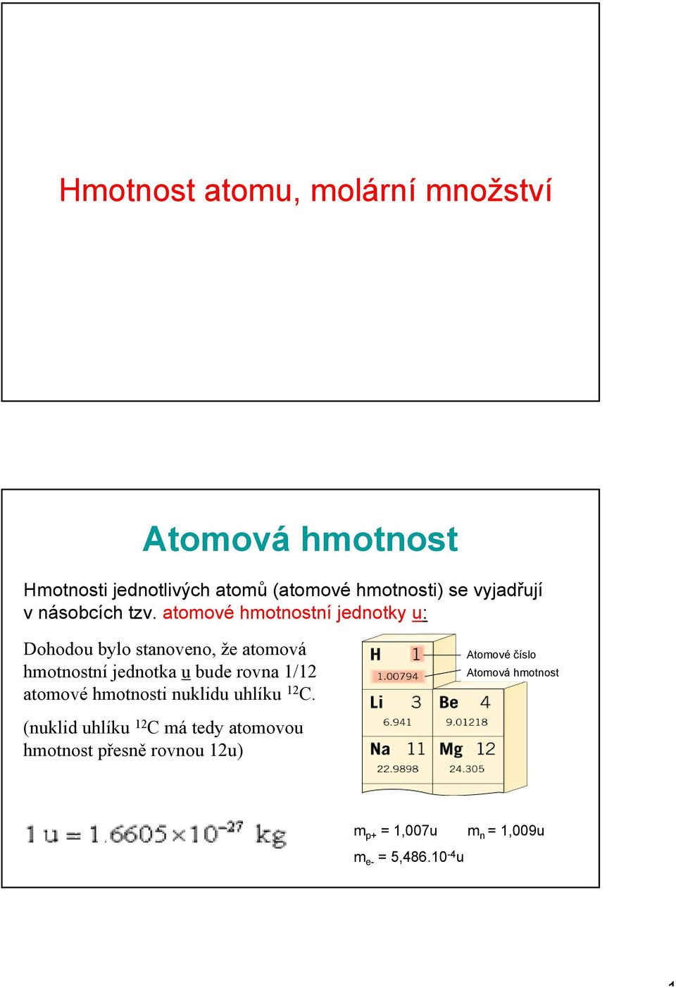 atomová hmotnostní jednotka u bude rovna / atomové hmotnosti nuklidu uhlíku C Atomové číslo