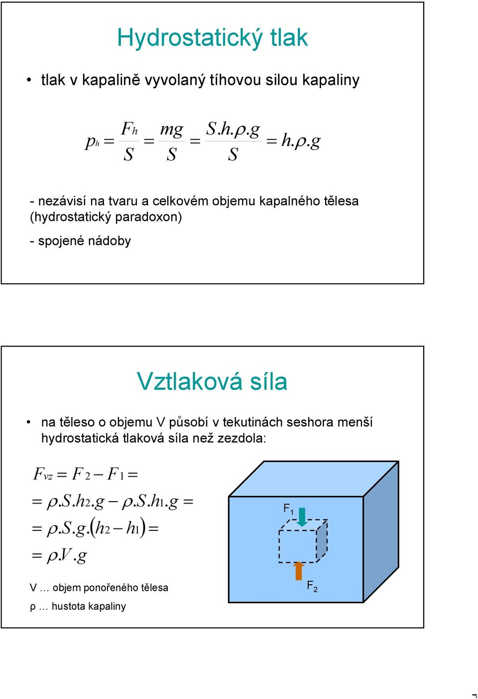 Vztlaková síla na těleso o objemu V působí v tekutinách seshora menší hydrostatická tlaková síla