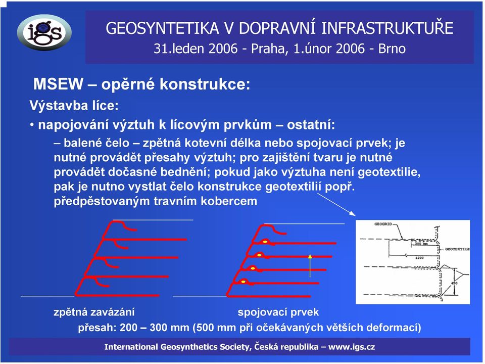 bednění; pokud jako výztuha není geotextilie, pak je nutno vystlat čelo konstrukce geotextilií popř.