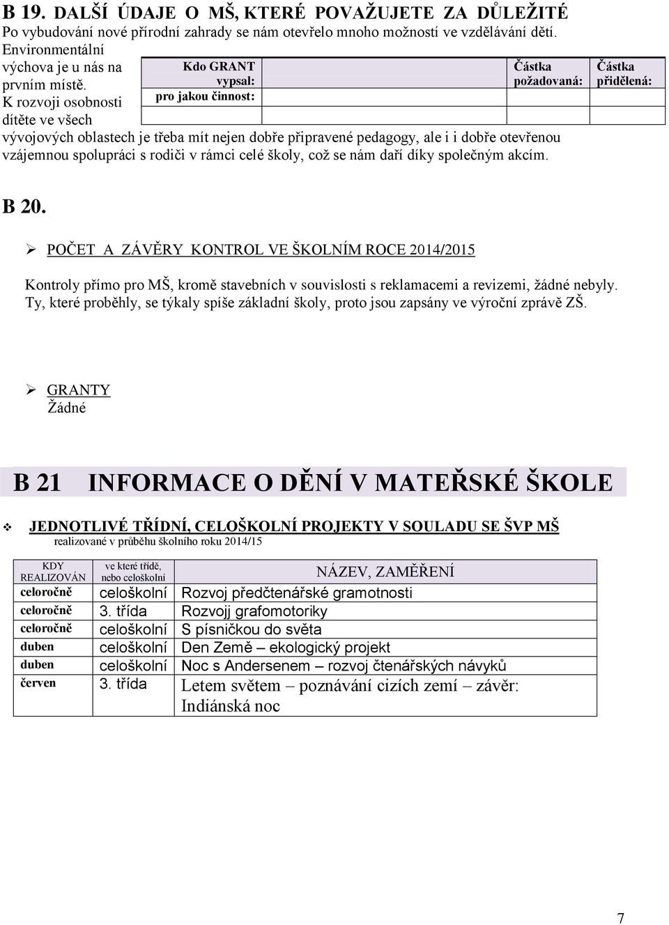 spolupráci s rodiči v rámci celé školy, což se nám daří díky společným akcím. Částka přidělená: B 20.