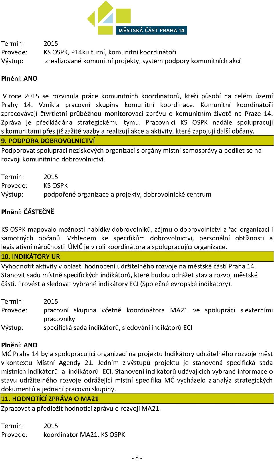 Zpráva je předkládána strategickému týmu. Pracovníci KS OSPK nadále spolupracují s komunitami přes již zažité vazby a realizují akce a aktivity, které zapojují další občany. 9.