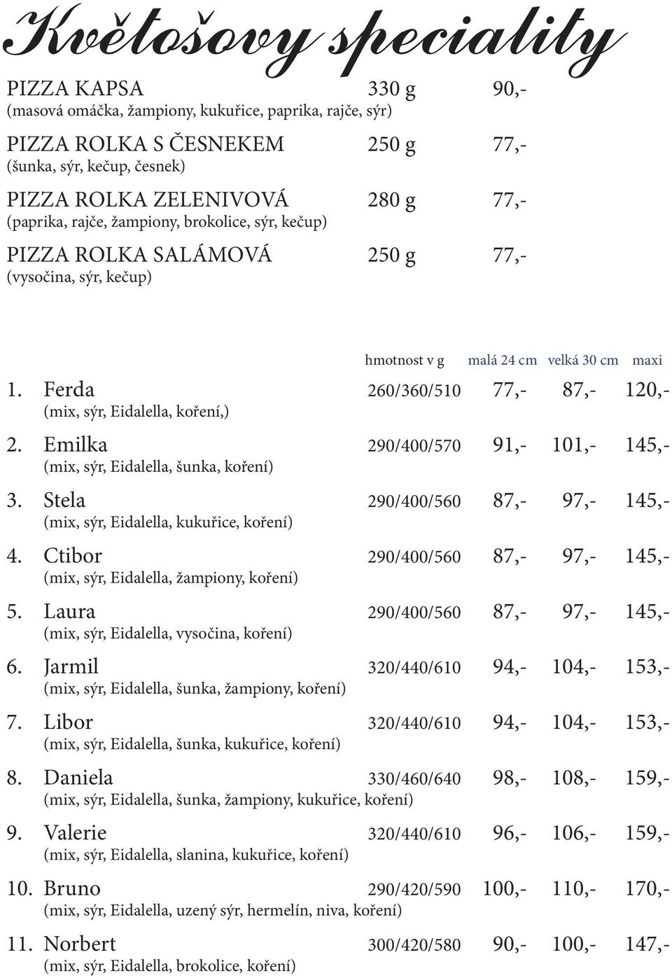 Ferda 260/360/510 77,- 87,- 120,- (mix, sýr, Eidalella, koření,) 2. Emilka 290/400/570 91,- 101,- 145,- (mix, sýr, Eidalella, šunka, koření) 3.