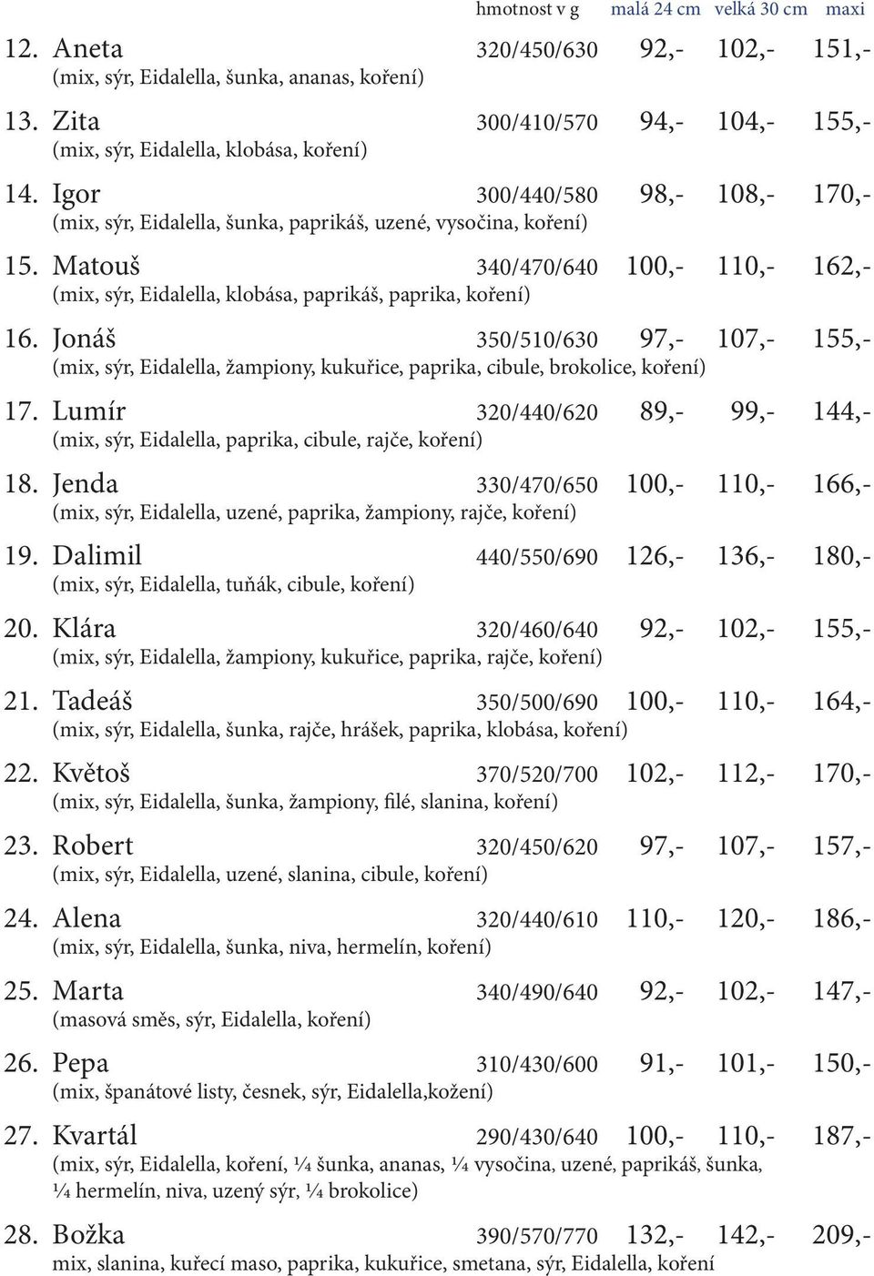 Matouš 340/470/640 100,- 110,- 162,- (mix, sýr, Eidalella, klobása, paprikáš, paprika, koření) 16.