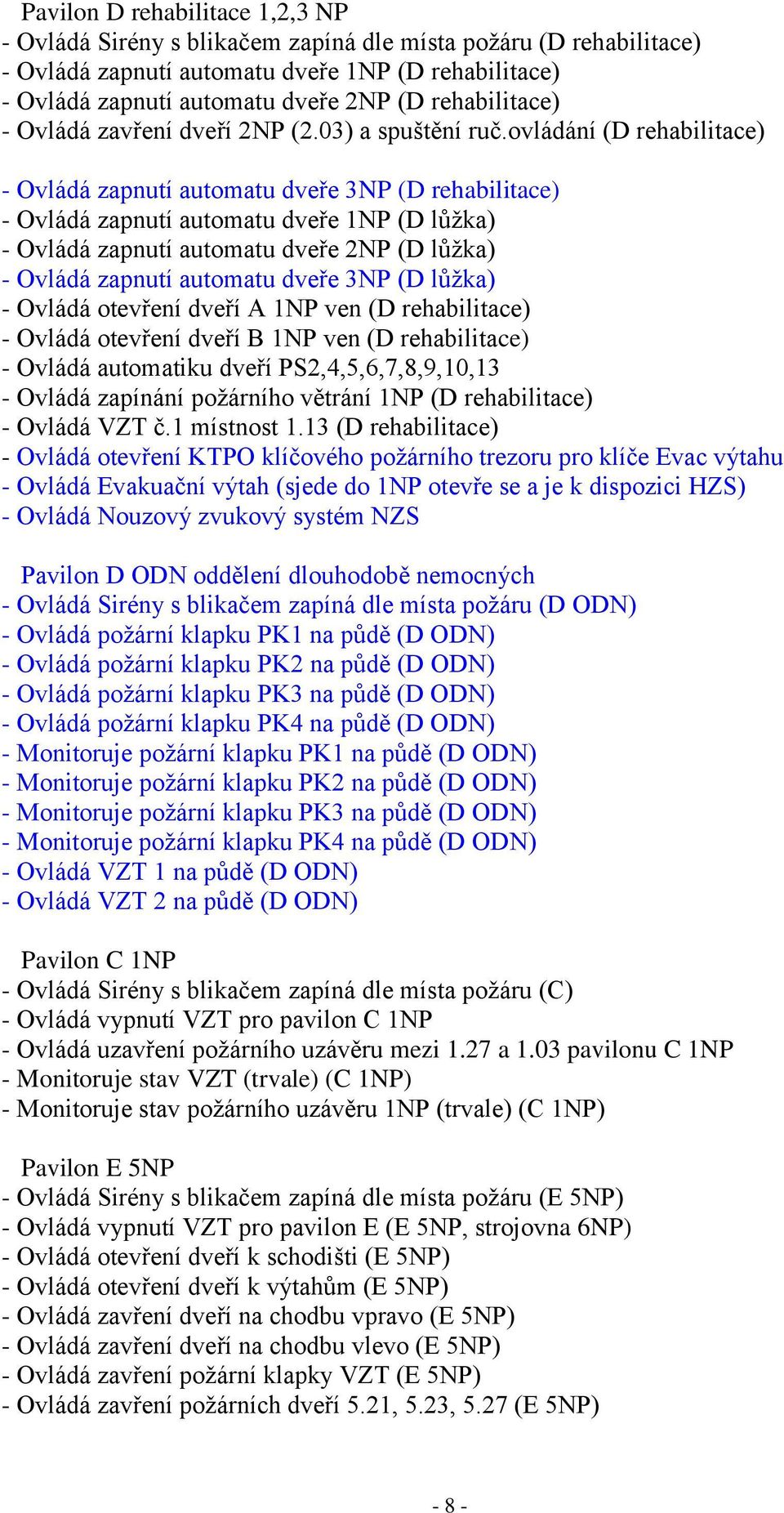 ovládání (D rehabilitace) - Ovládá zapnutí automatu dveře 3NP (D rehabilitace) - Ovládá zapnutí automatu dveře 1NP (D lůžka) - Ovládá zapnutí automatu dveře 2NP (D lůžka) - Ovládá zapnutí automatu