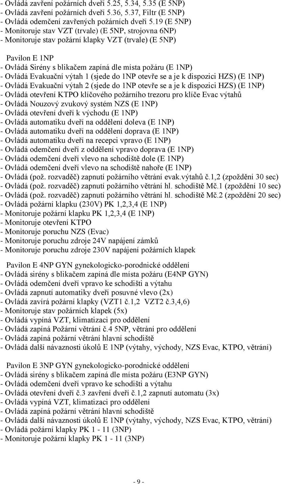 Ovládá Evakuační výtah 1 (sjede do 1NP otevře se a je k dispozici HZS) (E 1NP) - Ovládá Evakuační výtah 2 (sjede do 1NP otevře se a je k dispozici HZS) (E 1NP) - Ovládá otevření KTPO klíčového