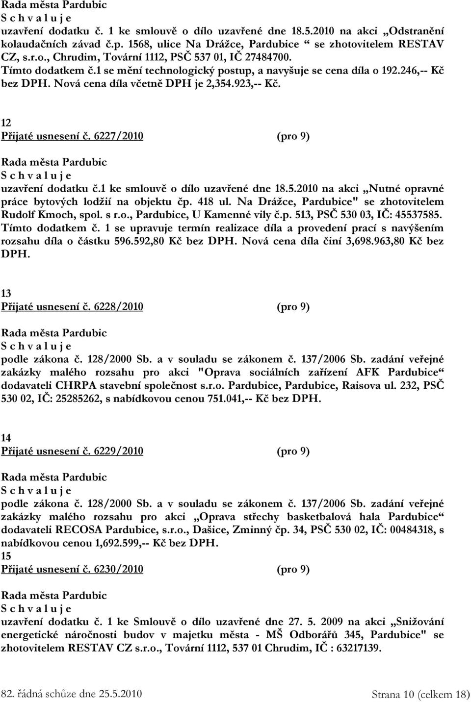 6227/2010 (pro 9) uzavření dodatku č.1 ke smlouvě o dílo uzavřené dne 18.5.2010 na akci Nutné opravné práce bytových lodžií na objektu čp. 418 ul.