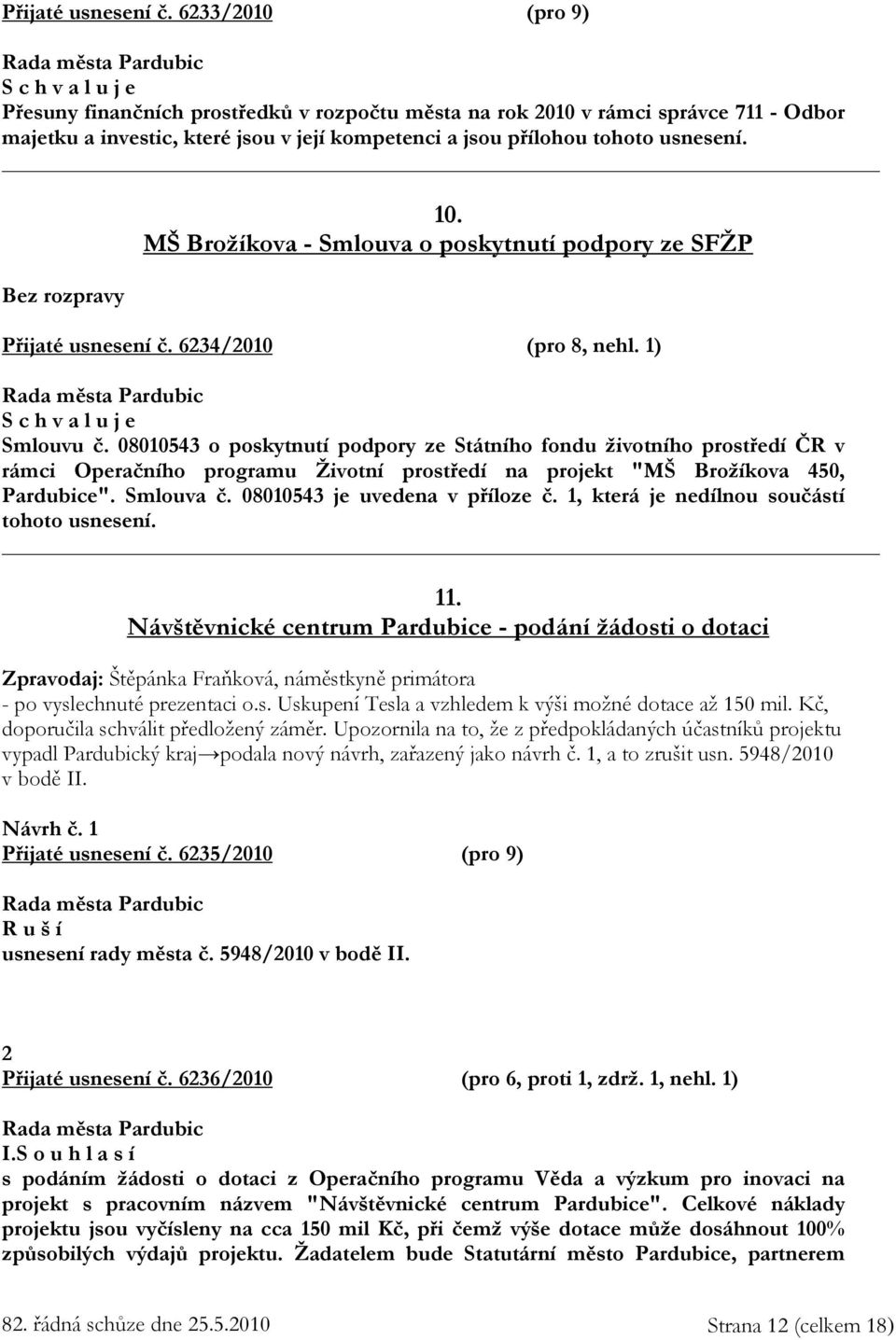 Bez rozpravy 10. MŠ Brožíkova - Smlouva o poskytnutí podpory ze SFŽP  6234/2010 (pro 8, nehl. 1) Smlouvu č.