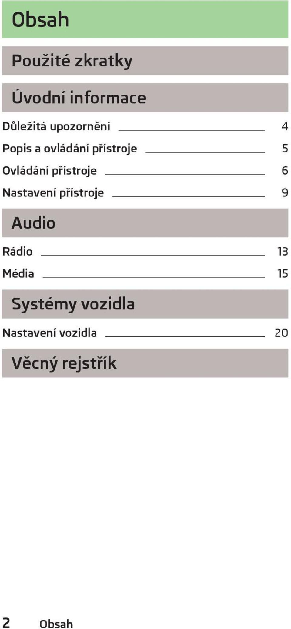 přístroje 6 Nastavení přístroje 9 Audio Rádio 13