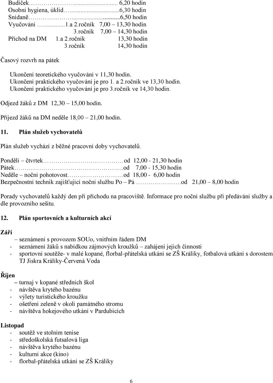 ročník ve 14,30 hodin. Odjezd žáků z DM 12,30 15,00 hodin. Příjezd žáků na DM neděle 18,00 21,00 hodin. 11. Plán služeb vychovatelů Plán služeb vychází z běžné pracovní doby vychovatelů.