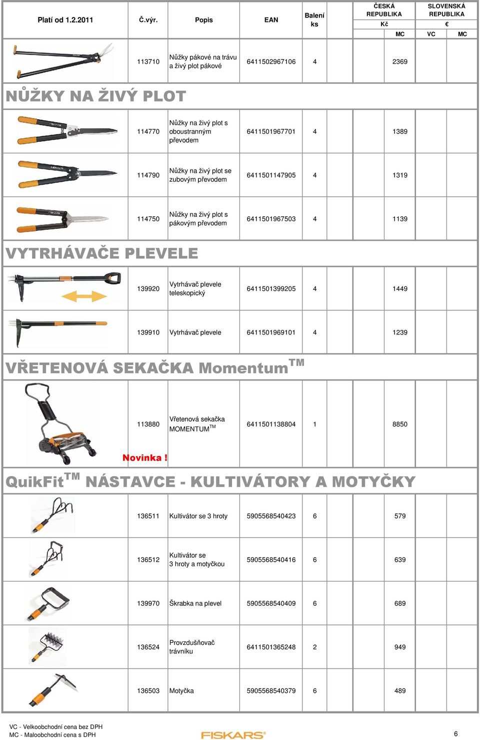 6411501969101 4 1239 VŘETENOVÁ SEKAČKA Momentum TM 113880 Vřetenová sekačka MOMENTUM TM 6411501138804 1 8850 QuikFit TM NÁSTAVCE - KULTIVÁTORY A MOTYČKY 136511 Kultivátor se 3 hroty 5905568540423 6