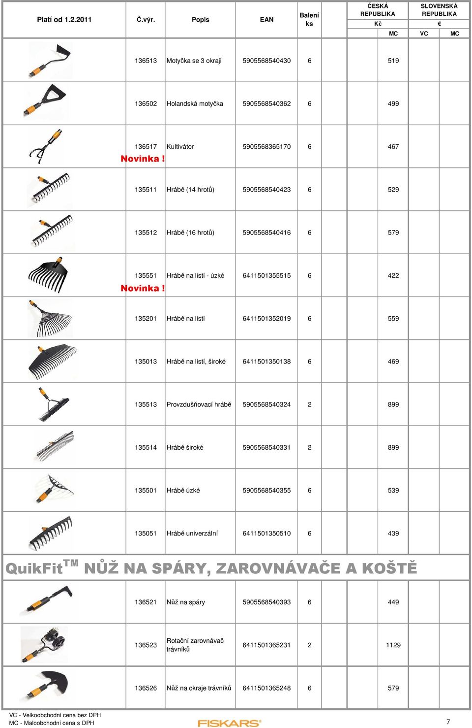 Provzdušňovací hrábě 5905568540324 2 899 135514 Hrábě široké 5905568540331 2 899 135501 Hrábě úzké 5905568540355 6 539 135051 Hrábě univerzální 6411501350510 6 439 QuikFit TM NŮŽ NA