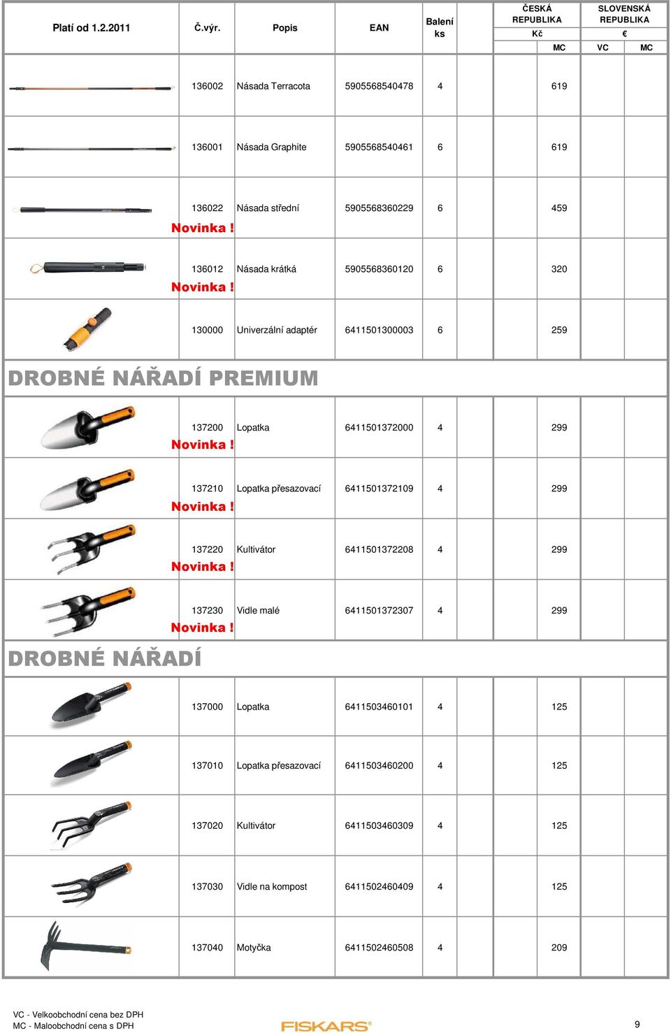 6411501372109 4 299 137220 Kultivátor 6411501372208 4 299 DROBNÉ NÁŘADÍ 137230 Vidle malé 6411501372307 4 299 137000 Lopatka 6411503460101 4 125 137010 Lopatka