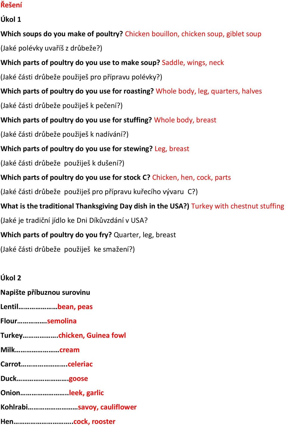 ) Which parts of poultry do you use for stuffing? Whole body, breast (Jaké části drůbeže použiješ k nadívání?) Which parts of poultry do you use for stewing?