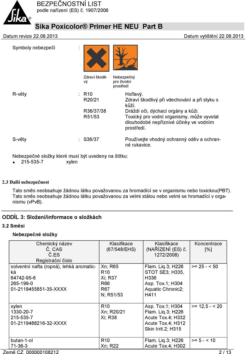 Nebezpečné složky které musí být uvedeny na štítku: 215-535-7 xylen 2.3 Další nebezpečnost Tato směs neobsahuje žádnou látku považovanou za hromadící se v organismu nebo toxickou(pbt).
