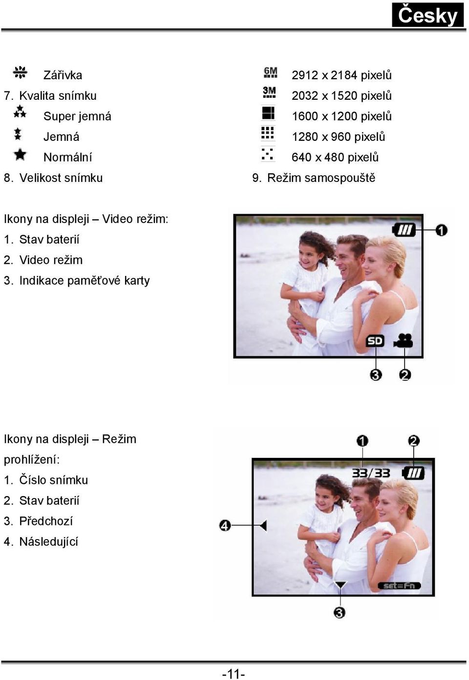 640 x 480 pixelů 9. Režim samospouště Ikony na displeji Video režim: 1. Stav baterií 2.