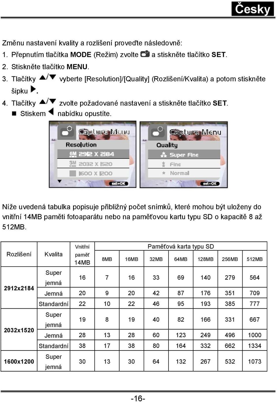 Níže uvedená tabulka popisuje přibližný počet snímků, které mohou být uloženy do vnitřní 14MB paměti fotoaparátu nebo na paměťovou kartu typu SD o kapacitě 8 až 512MB.