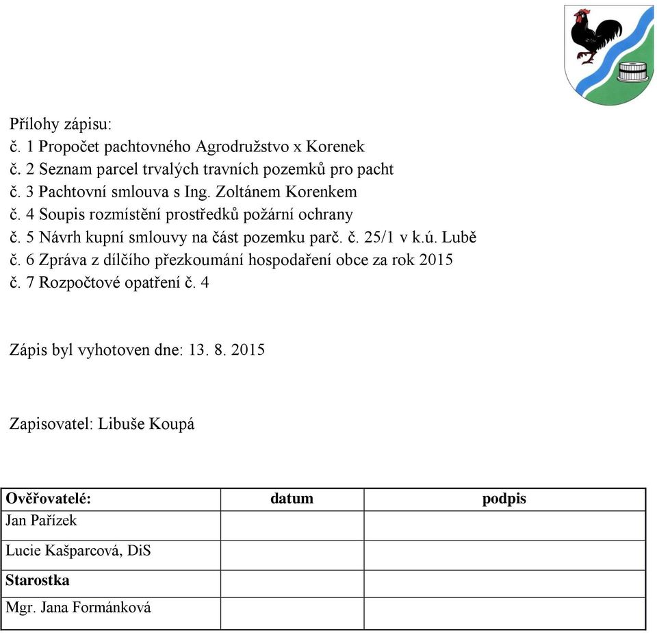 5 Návrh kupní smlouvy na část pozemku parč. č. 25/1 v k.ú. Lubě č. 6 Zpráva z dílčího přezkoumání hospodaření obce za rok 2015 č.
