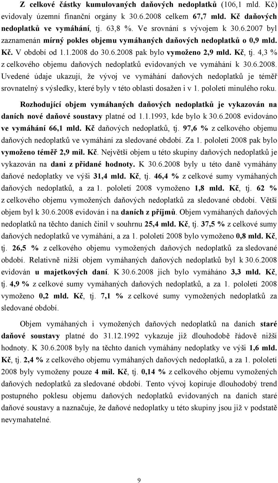 4,3 % z celkového objemu daňových nedoplatků evidovaných ve vymáhání k 30.6.2008.