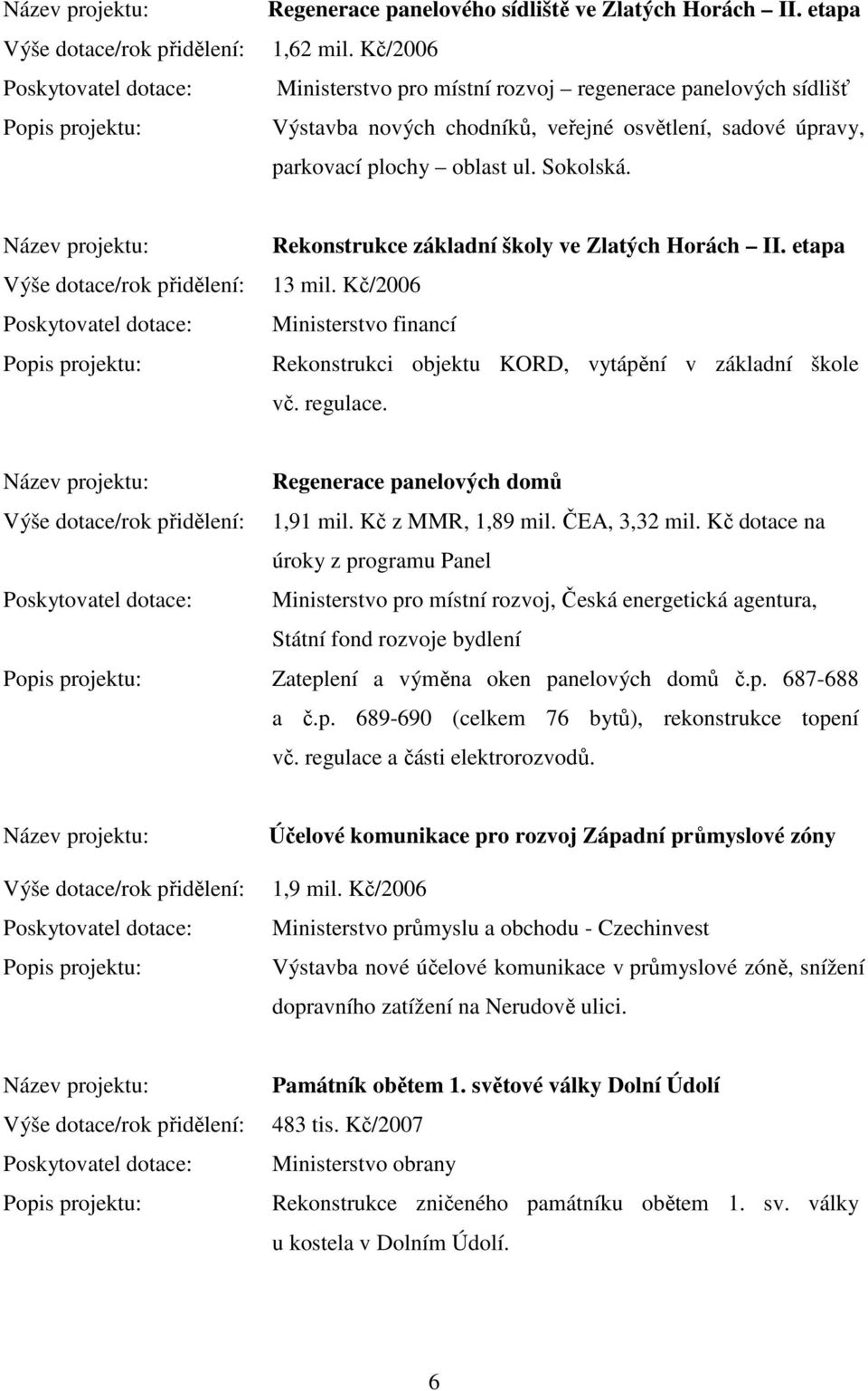 Rekonstrukce základní školy ve Zlatých Horách II. etapa 13 mil. Kč/2006 Ministerstvo financí Rekonstrukci objektu KORD, vytápění v základní škole vč. regulace. Regenerace panelových domů 1,91 mil.