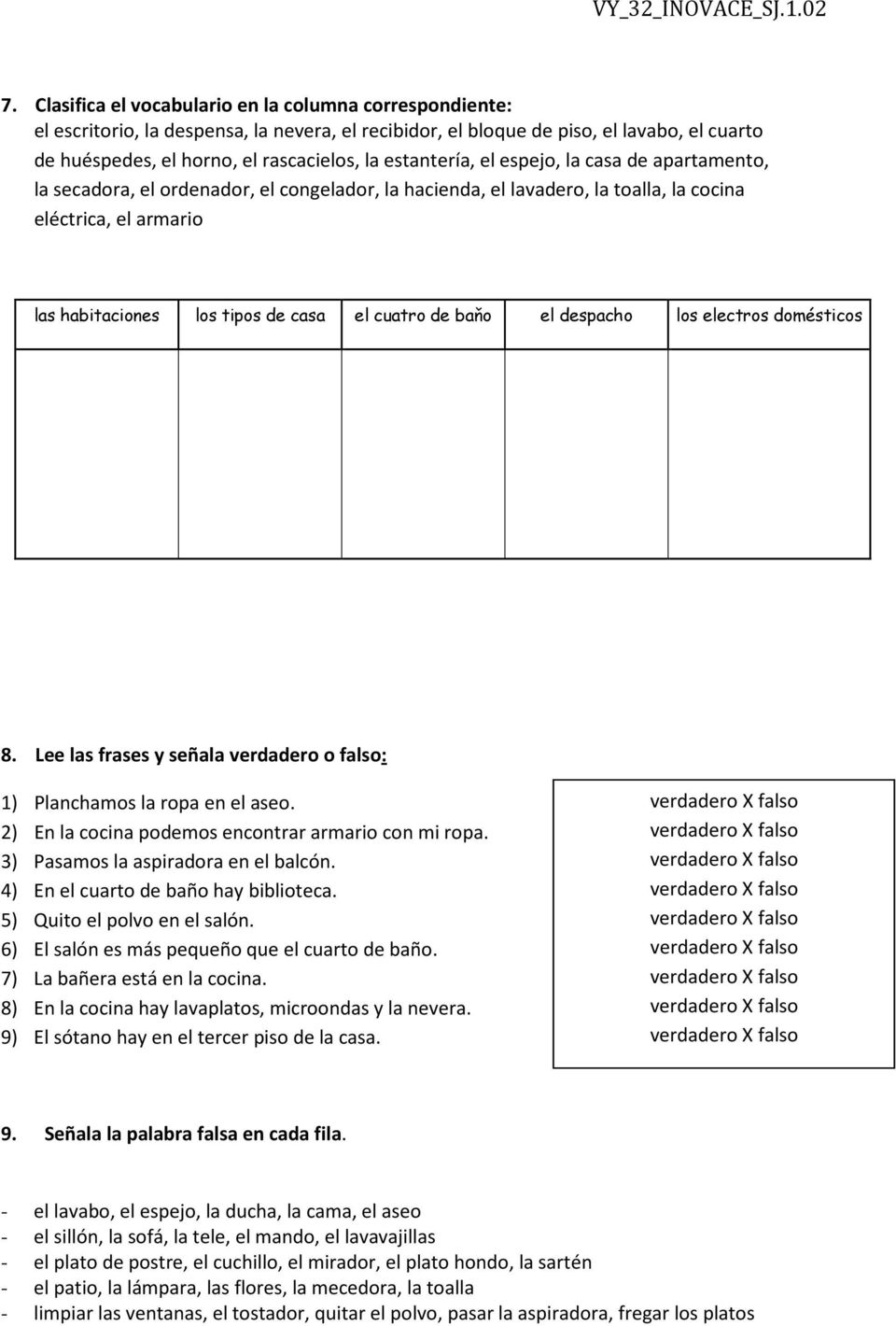 cuatro de baňo el despacho los electros domésticos 8. Lee las frases y señala verdadero o falso: 1) Planchamos la ropa en el aseo. 2) En la cocina podemos encontrar armario con mi ropa.