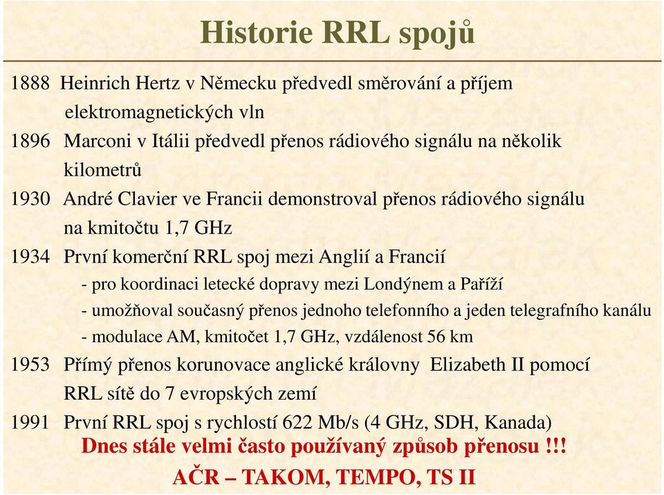 Paříží - umožňoval současný přenos jednoho telefonního a jeden telegrafního kanálu - modulace AM, kmitočet 1,7 GHz, vzdálenost 56 km 1953 Přímý přenos korunovace anglické královny