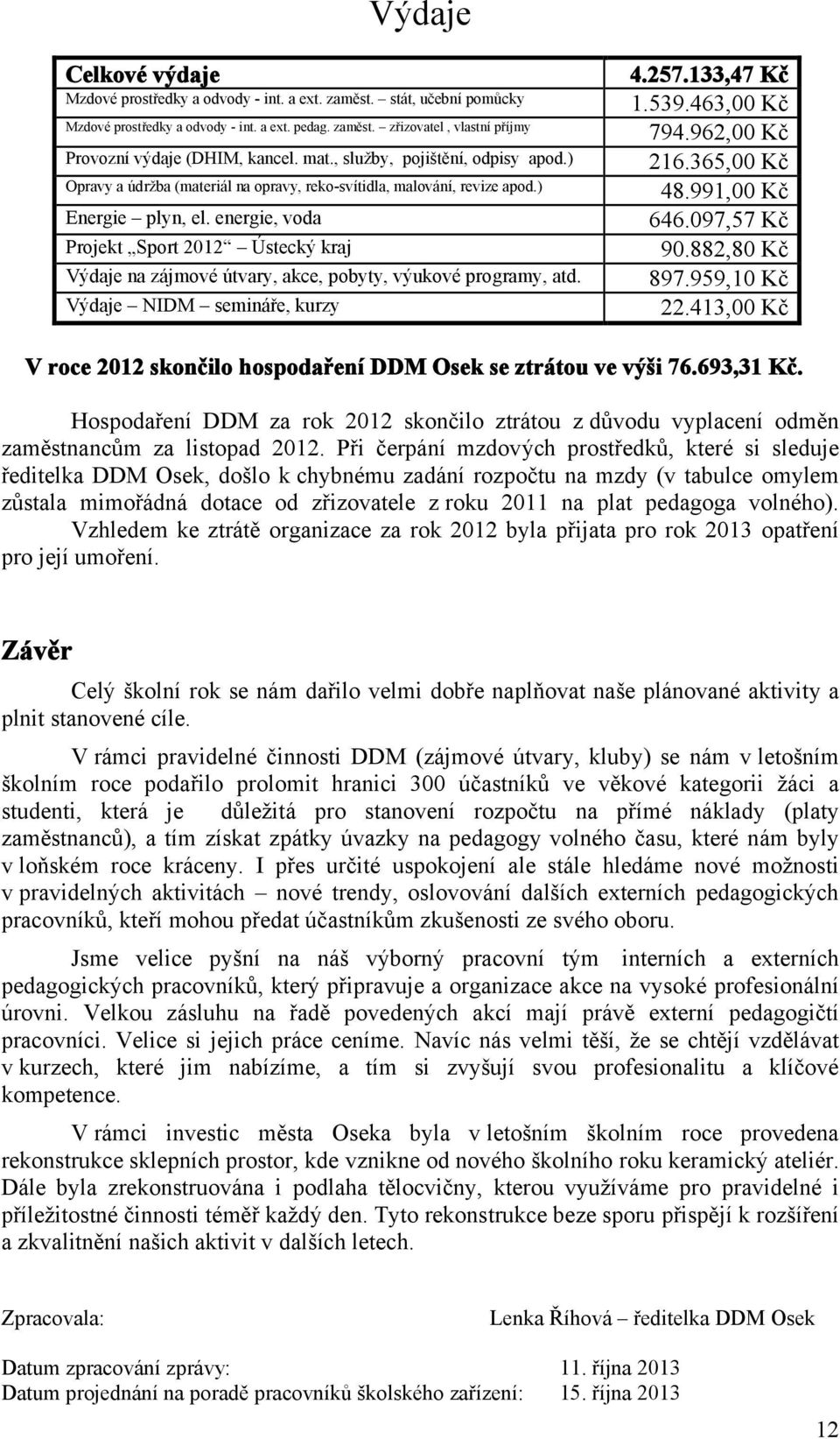 energie, voda Projekt Sport 2012 Ústecký kraj Výdaje na zájmové útvary, akce, pobyty, výukové programy, atd. Výdaje NIDM semináře, kurzy 4.257.133,47 Kč 1.539.463,00 Kč 794.962,00 Kč 216.365,00 Kč 48.