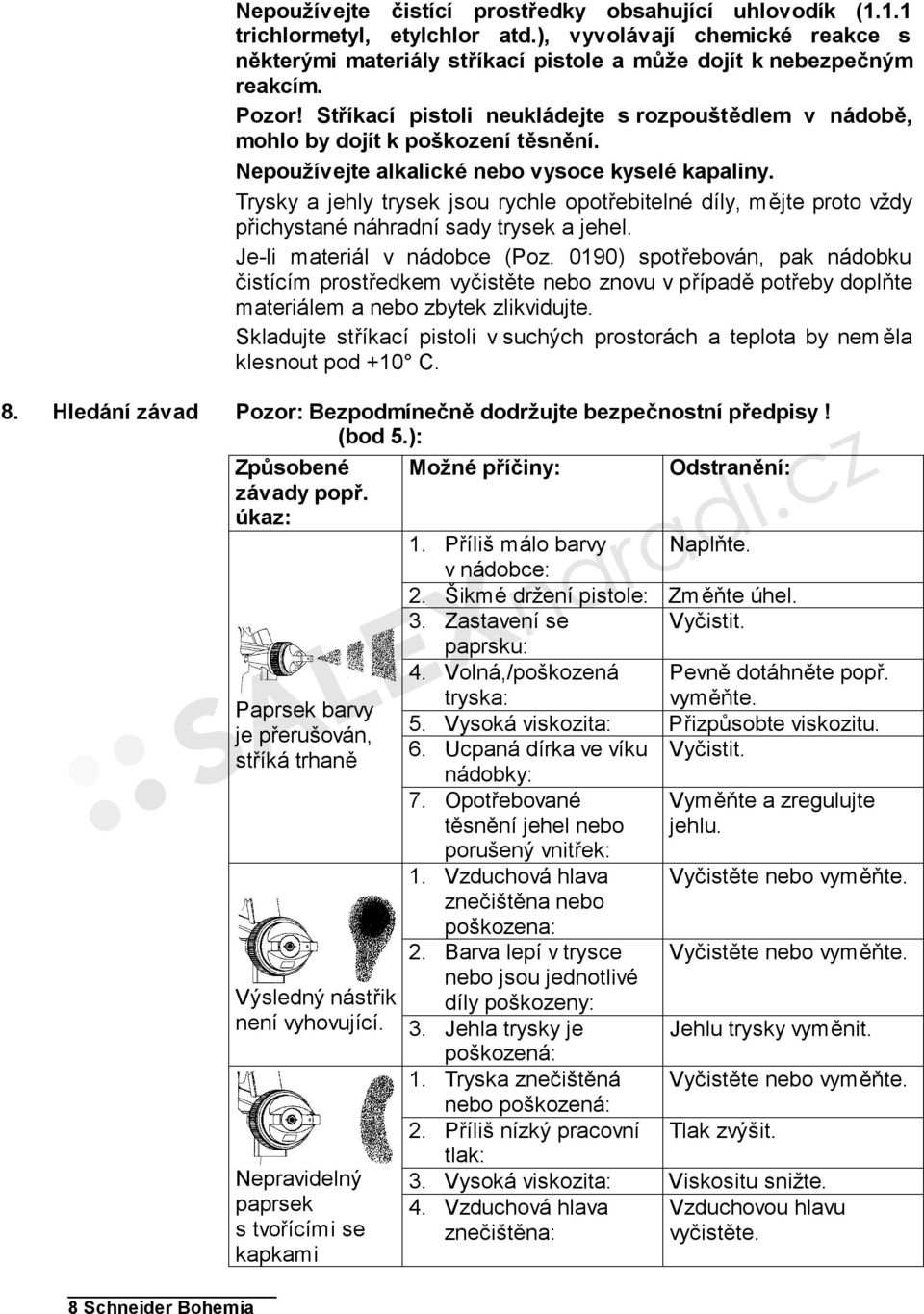 Stříkací pistoli neukládejte s rozpouštědlem v nádobě, mohlo by dojít k poškození těsnění. Nepoužívejte alkalické nebo vysoce kyselé kapaliny.