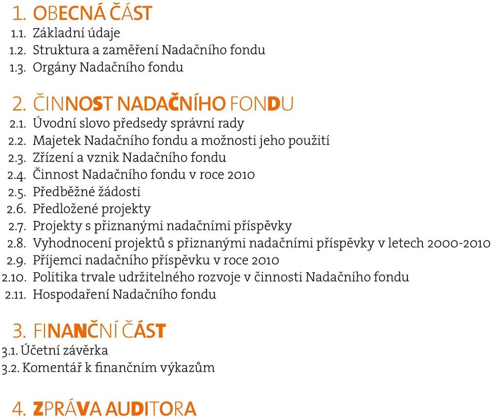 Vyhodnocení projektů s přiznanými nadačními příspěvky v letech 2000-2010 2.9. Příjemci nadačního příspěvku v roce 2010 2.10. Politika trvale udržitelného rozvoje v i Nadačního fondu 2.