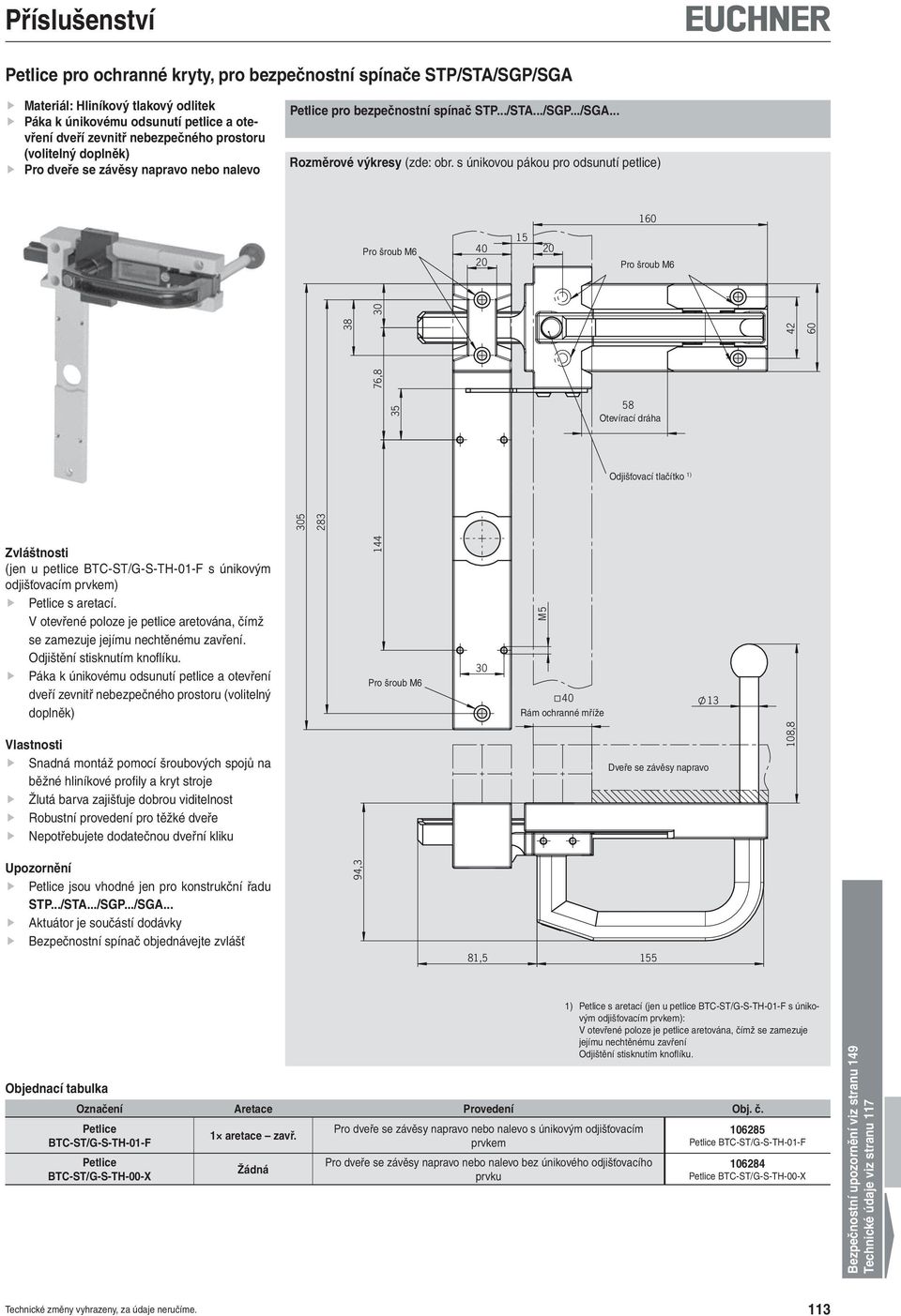 .. 94,3 81,5 5 1) s aretací (jen u petlice BTC-ST/G-S-TH-01-F s únikovým Odjištění stisknutím knoflíku. BTC-ST/G-S-TH-01-F BTC-ST/G-S-TH-00-X 1 aretace zavř.