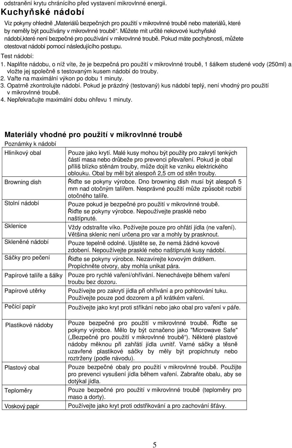 Mžete mít urité nekovové kuchyské nádobí,které není bezpené pro používání v mikrovlnné troub. Pokud máte pochybnosti, mžete otestovat nádobí pomocí následujícího postupu. Test nádobí: 1.