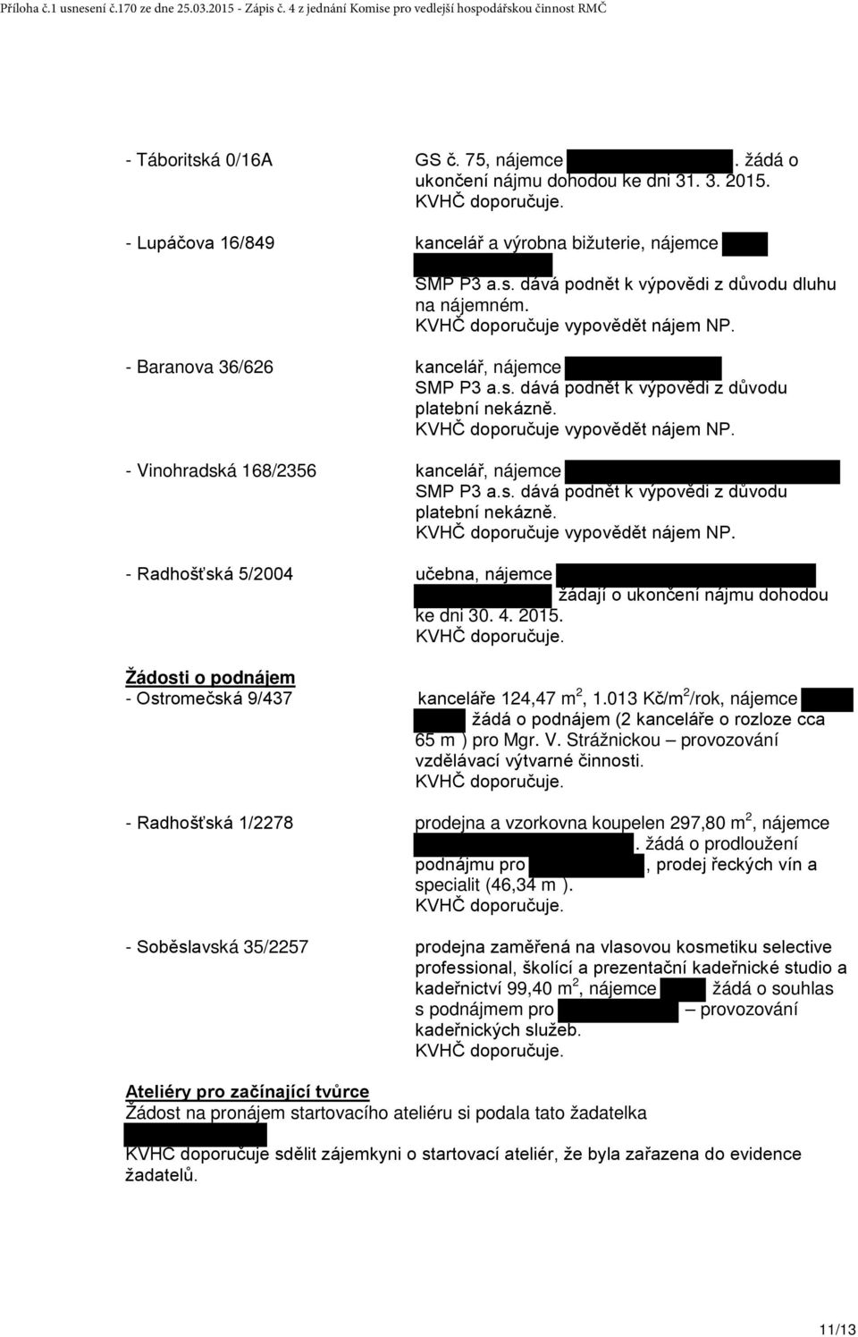 - Vinohradská 168/2356 kancelář, nájemce SMP P3 a.s. dává podnět k výpovědi z důvodu platební nekázně. KVHČ doporučuje vypovědět nájem NP.