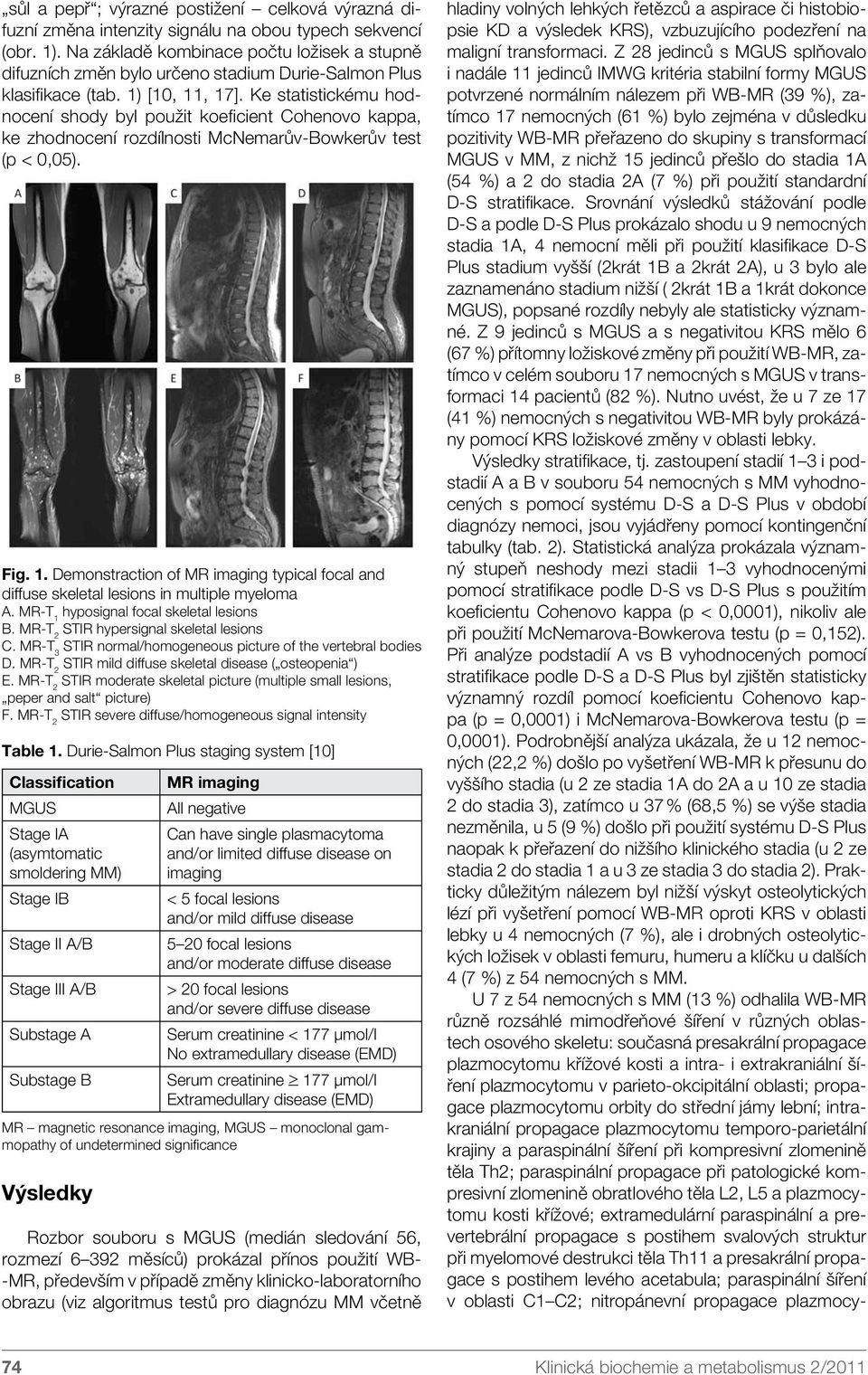 Ke statistickému hodnocení shody byl použit koeficient Cohenovo kappa, ke zhodnocení rozdílnosti McNemarův-Bowkerův test (p < 0,05). Fig. 1.