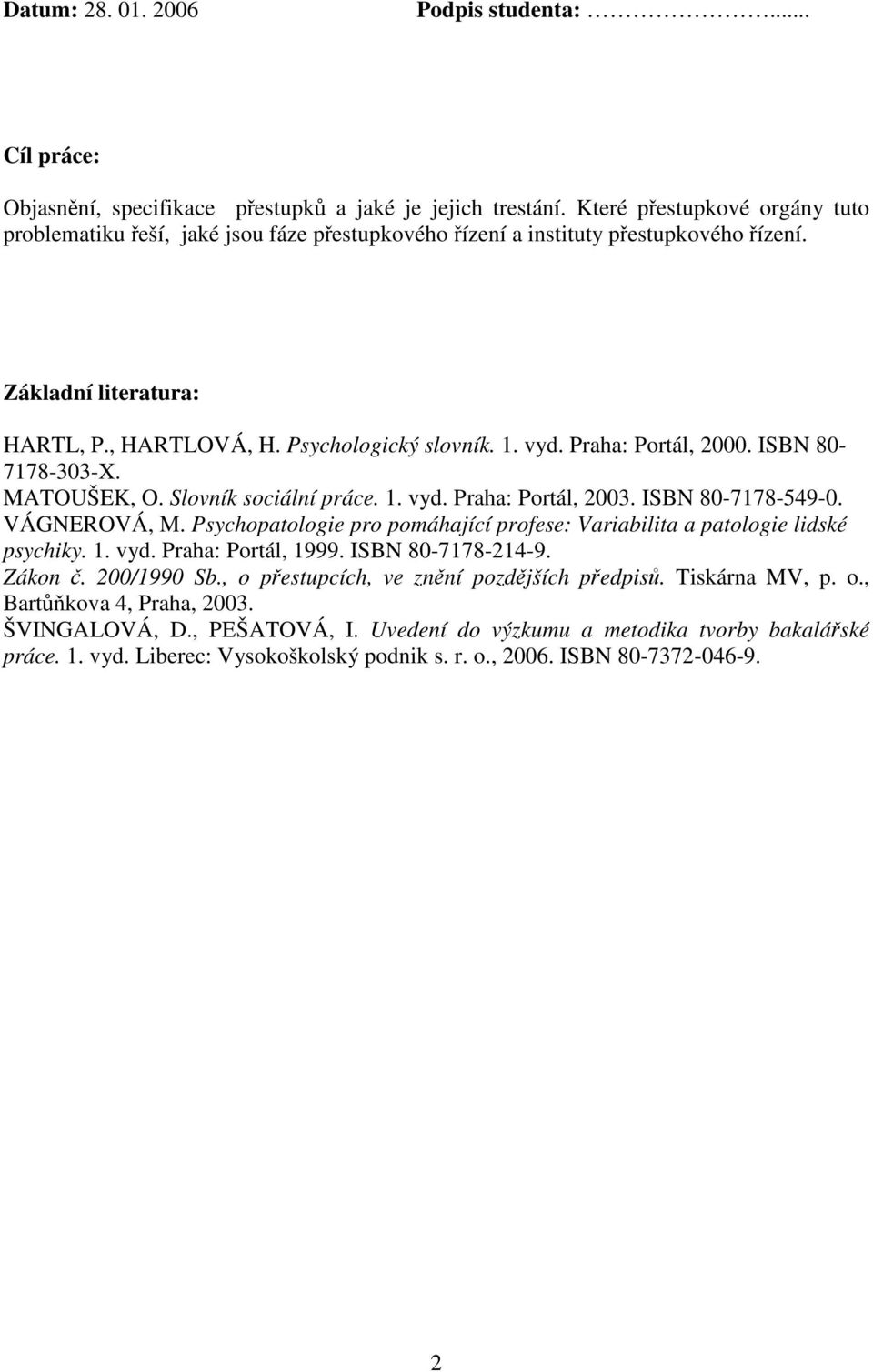 Praha: Portál, 2000. ISBN 80-7178-303-X. MATOUŠEK, O. Slovník sociální práce. 1. vyd. Praha: Portál, 2003. ISBN 80-7178-549-0. VÁGNEROVÁ, M.