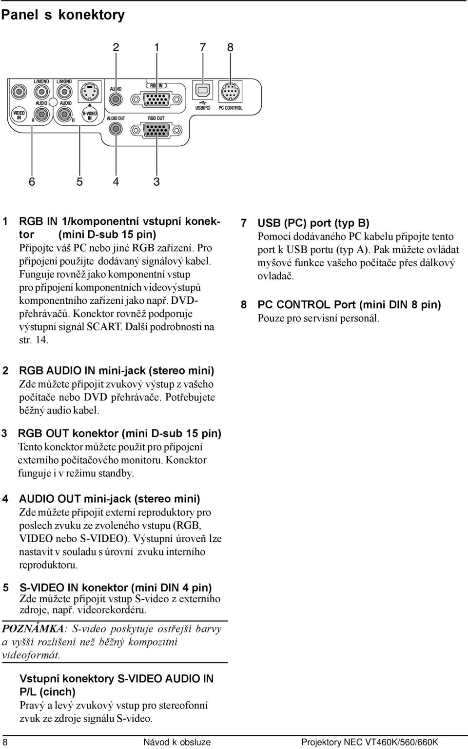 Další podrobnosti na str. 14. 7 USB (PC) port (typ B) Pomocí dodávaného PC kabelu připojte tento port k USB portu (typ A). Pak můžete ovládat myšové funkce vašeho počítače přes dálkový ovladač.