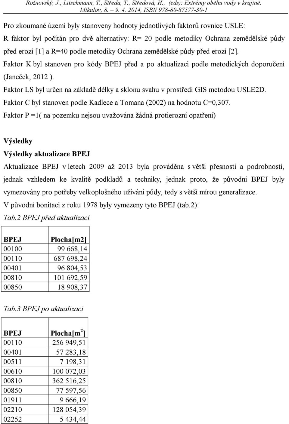 Faktor LS byl určen na základě délky a sklonu svahu v prostředí GIS metodou USLE2D. Faktor C byl stanoven podle Kadlece a Tomana (2002) na hodnotu C=0,307.